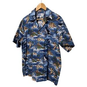Vintage RJC Made in Hawaii Aloha Tropical Print Shirt Blue Nautical Sz Large EUC